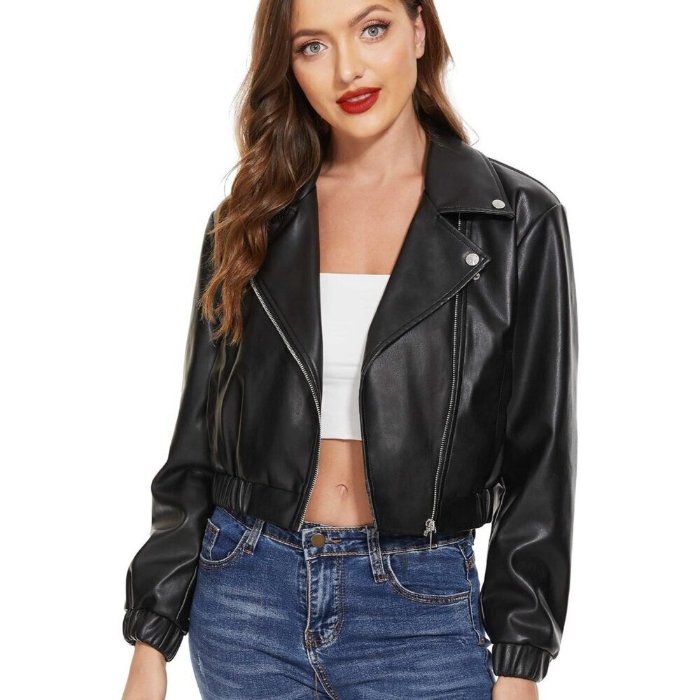 🆕Women Black Faux Leather Motorcycle Short Jacket Casual Biker Coat